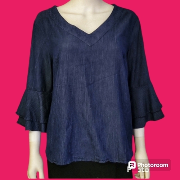 VTG NAIF Chambray Flare Sleeve V-Neck Blouse - Picture 1 of 8